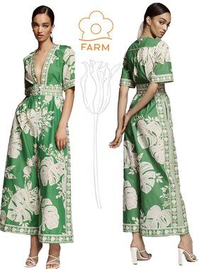 Farm Rio Monstera Wide Crop Leg Tropical V Neck Button Jumpsuit Green Palm